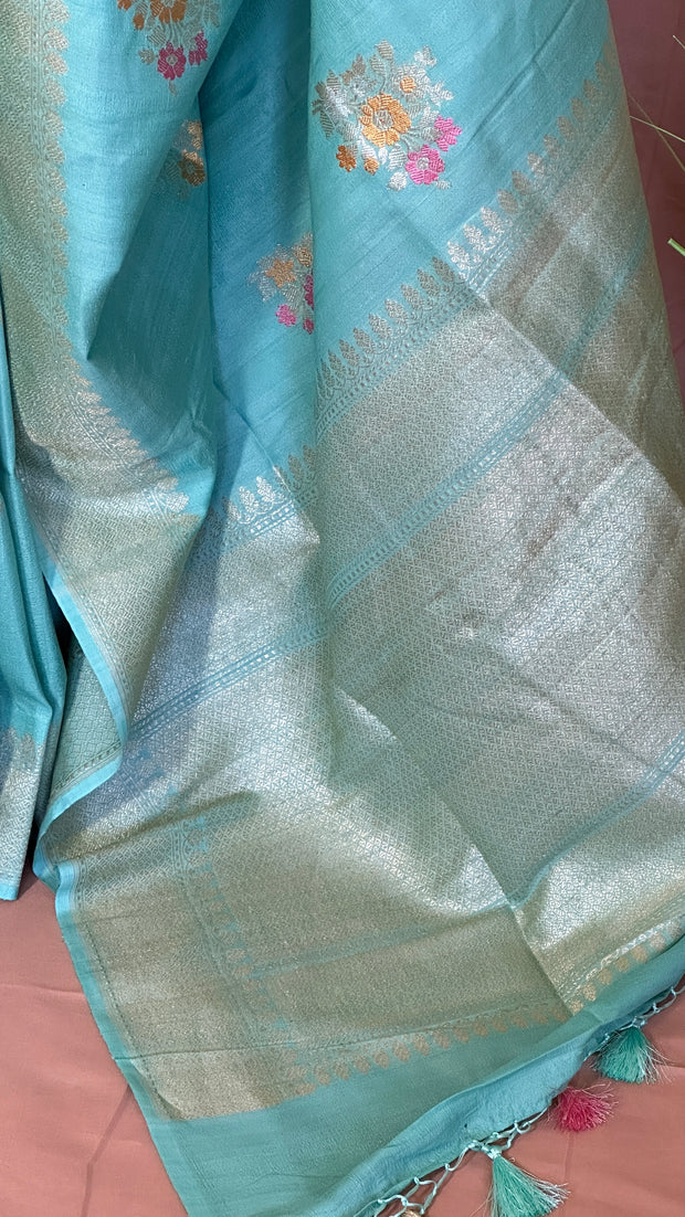 Pure tussar georgette hand loom banarsi saree with meenakari weave, stitched blouse