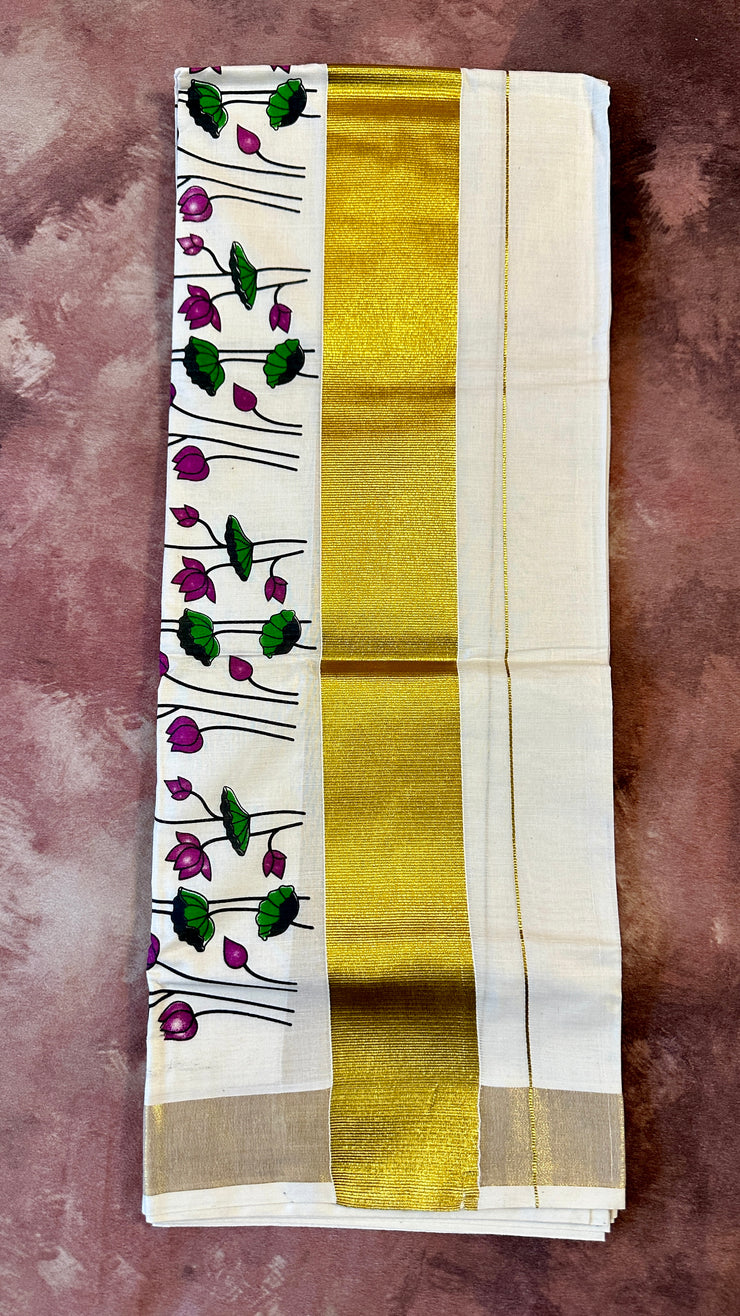 Set mundu with gold border and pichwai print