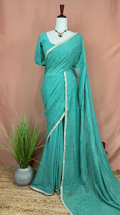 Chikankari hand Mukesh worked GREEN georgette saree with stitched blouse