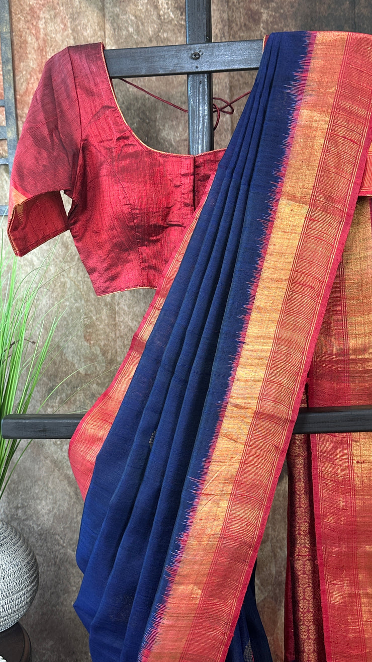 Navy blue and brick red combo pure raw silk saree with stitched blouse