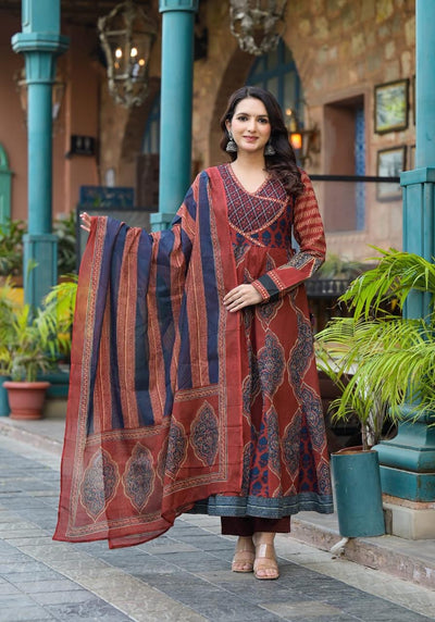 Ajrakh print cotton flared kurti with bottom and dupatta