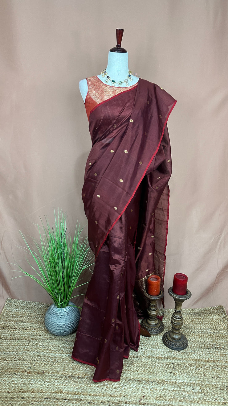 Coffee brown and red combo pure silk chander handloom saree with BP