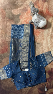 Indigo Blue Ajrakh hand block printed dola silk saree with stitched blouse