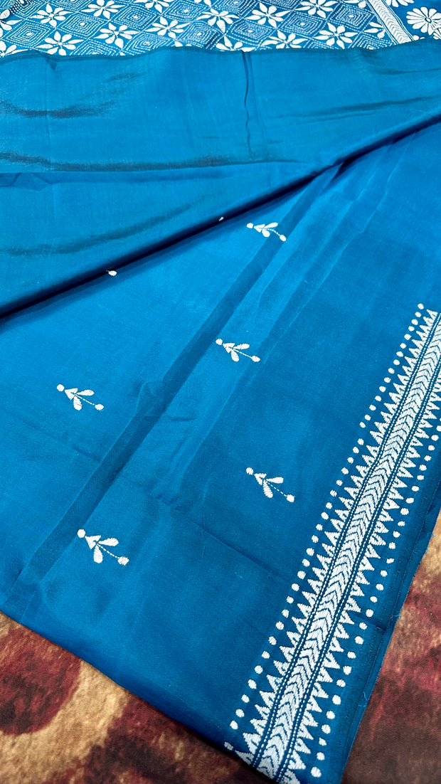 Peacock blue pure bangalore silk saree with kantha work , stitched blouse