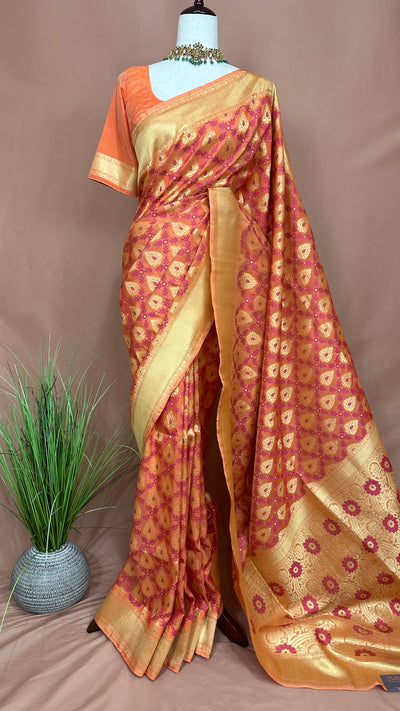 Soft Kora Silk Saree with Pink Weaved Pattern, stitched blouse