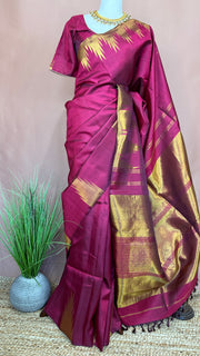 Pure handloom kanchivram silk saree with temple border with stitched blouse