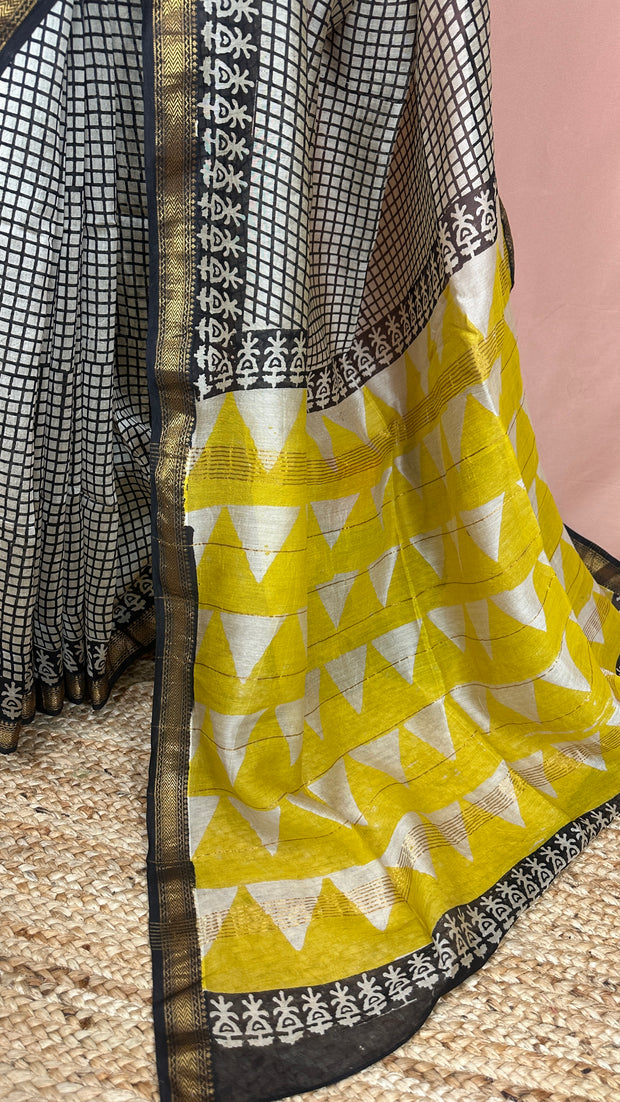 Handblock printed Maheswari cotton silk saree