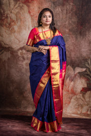 Handwoven Blue and orange pink pure silk kanchivaram silk saree with stitched blouse