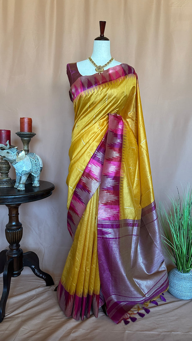 Semi tussar silk saree with temple border weave, with stitched blouse