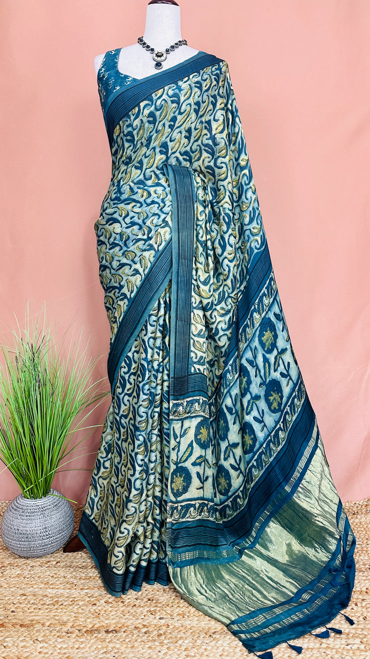 Vanaspati hand block print on modal silk saree with zari pallu and with stitched blouse