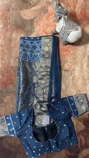 Indigo Blue Ajrakh hand block printed dola silk saree with stitched blouse