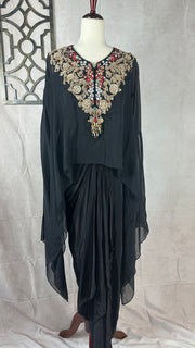 Black crepe drape skirt with embrodered Kaftan