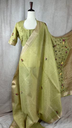 Grey tissue linen saree with hand emroidery and stitched blouse