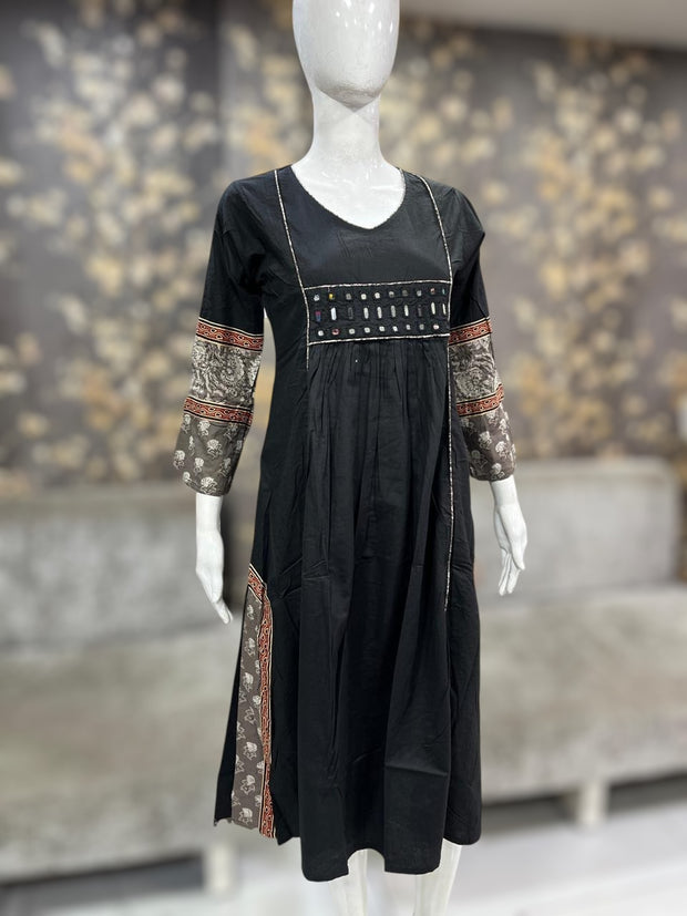 Black kurti with real mirror and Ajrakh patch work