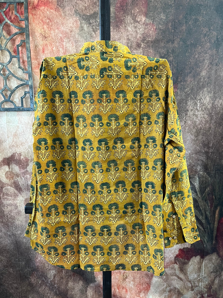 Mustard yellow ajrakh hand block printed cotton shirt-Size 42