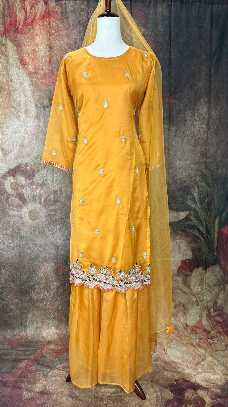 Mustard yellow embroidered kurti with gharah and dupatta