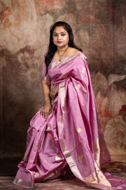 Pure Lavender soft katan handwoven silk saree with gold and silver border, with stitched blouse