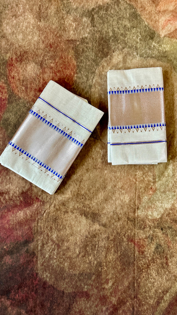 Set mundu with copper zari and blue thread weave