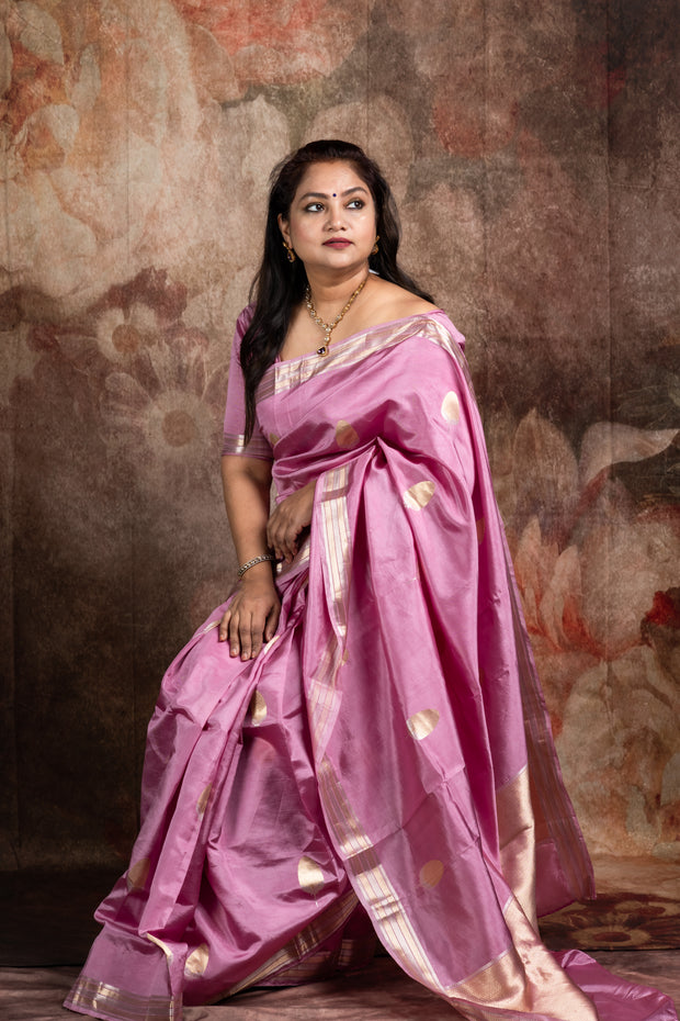 Pure Lavender soft katan handwoven silk saree with gold and silver border, with stitched blouse