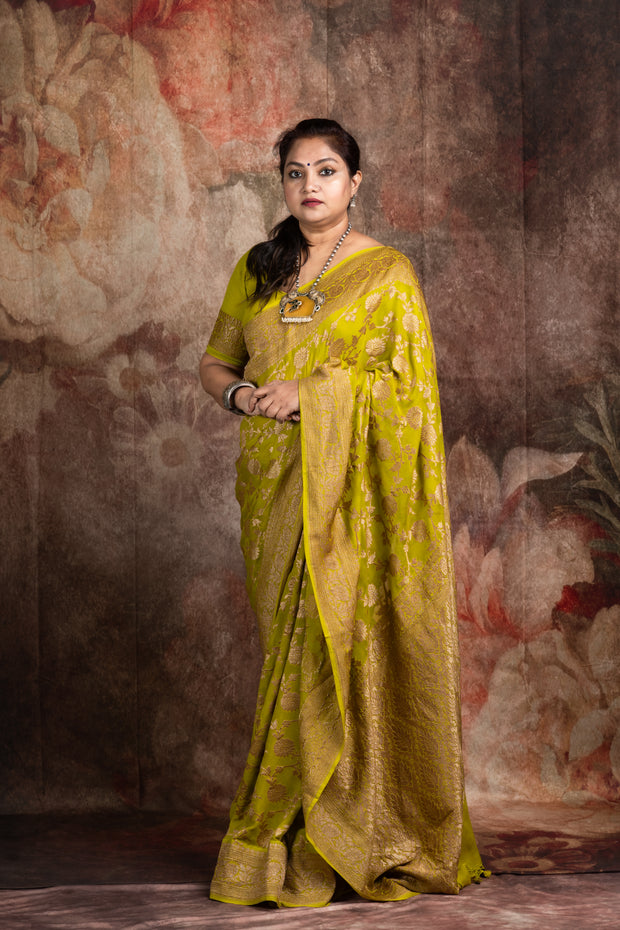 Pear green Pure Khaddi georgette banarsi saree with stitched blouse