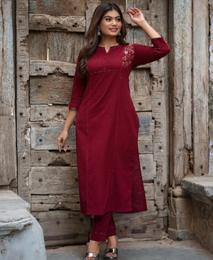 Maroon Cotton kurti with embroidery and bottom