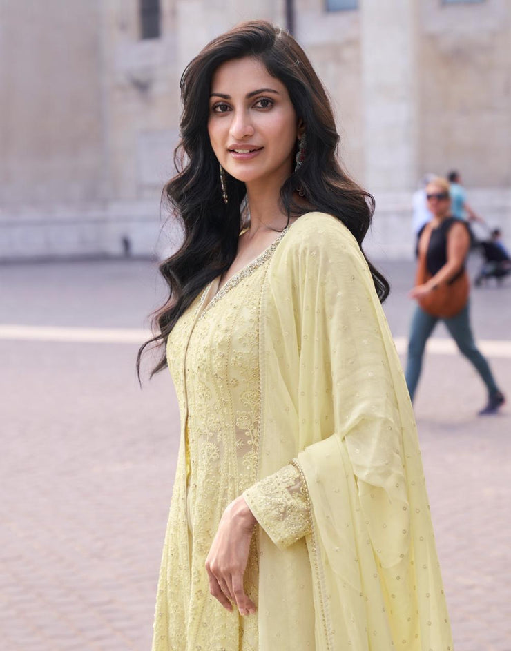 Light Yellow flared top with palazzo and dupatta