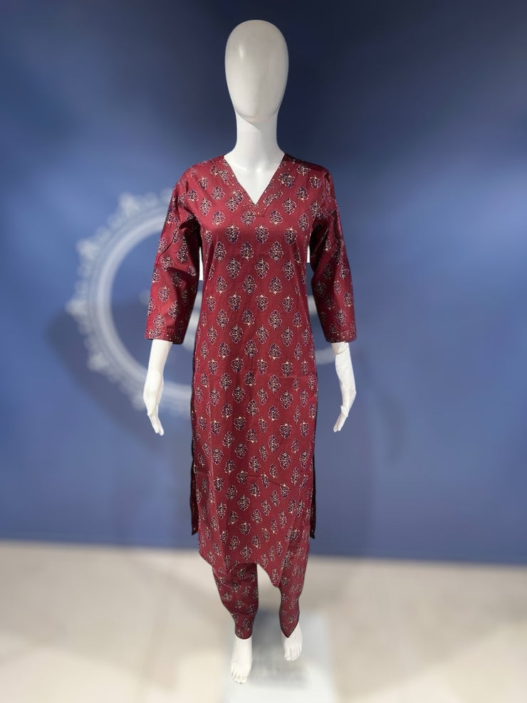 Wine red cotton kurti with bottom