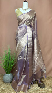 Pure lavender organza tissue silk saree with stitched blouse