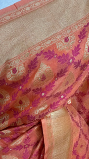 Soft Kora Silk Saree with Pink Weaved Pattern, stitched blouse