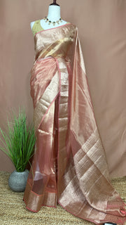 Pure Peach organza tissue silk saree with stitched blouse