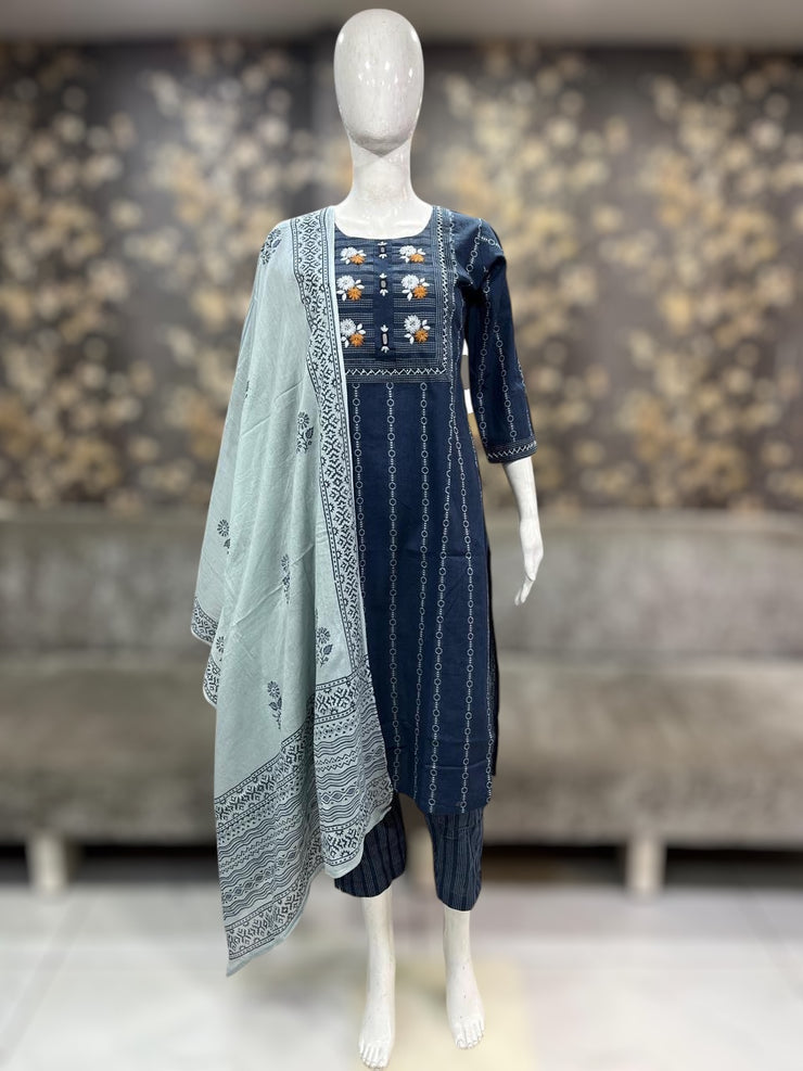 Navy blue cotton kurti with handwork, bottom and dupatta