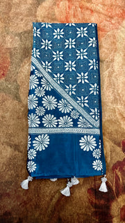 Peacock blue pure bangalore silk saree with kantha work , stitched blouse