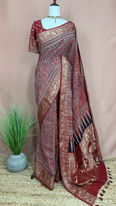 Dola silk saree with Ajrakh hand block print , stitched blouse