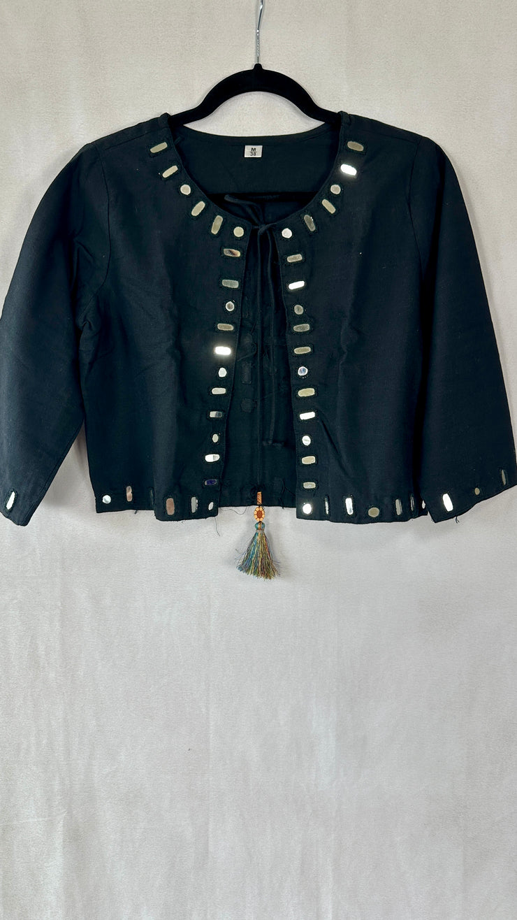 Black cotton jacket with real mirror work