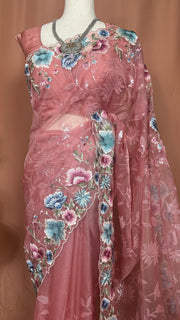 Coral soft organza saree with sequins and embroidery, with stitched blouse