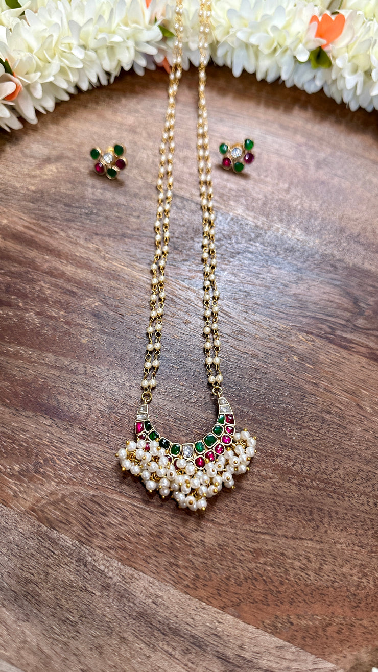Pachi kundan and kemp stone long necklace with stud