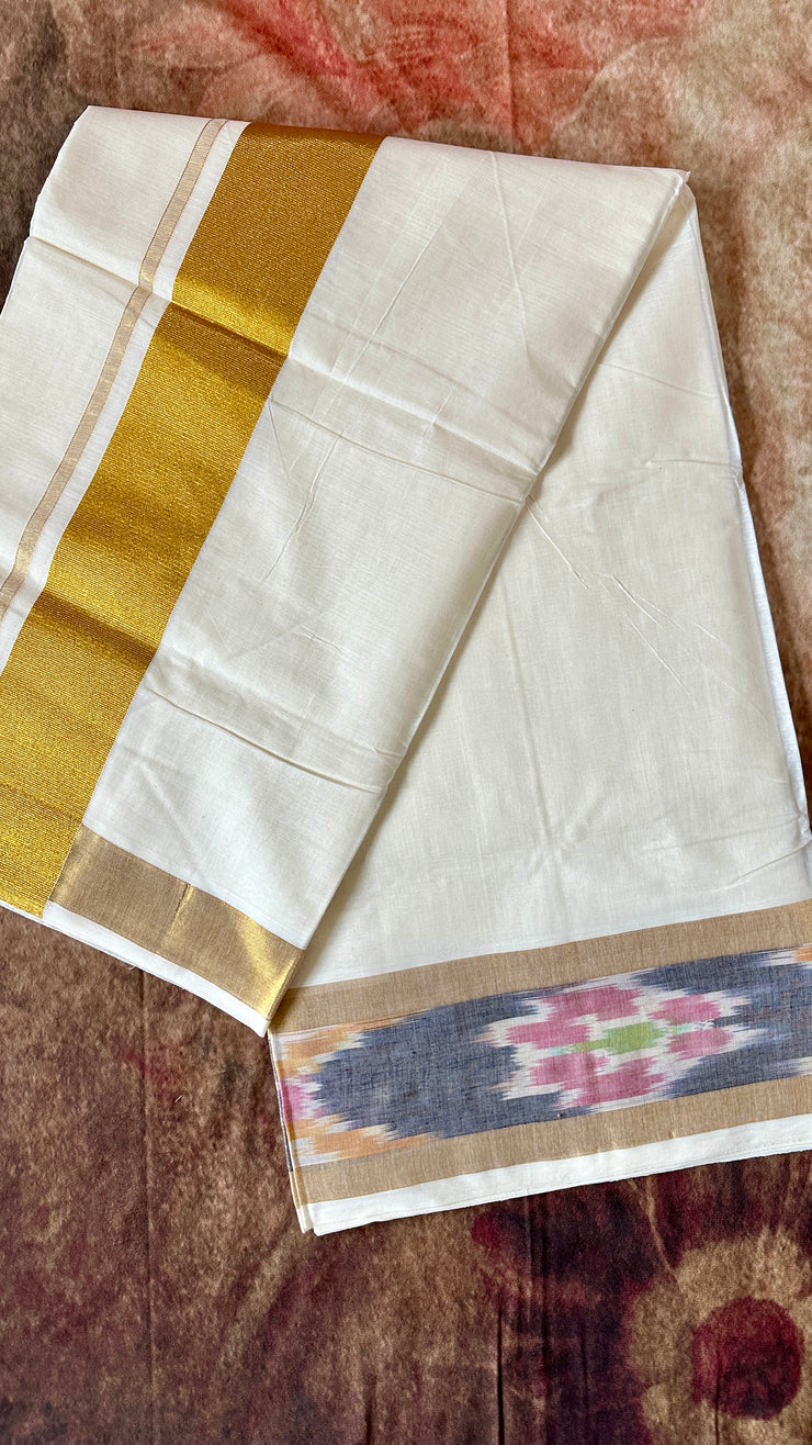 Ikkat weaved border cotton set saree