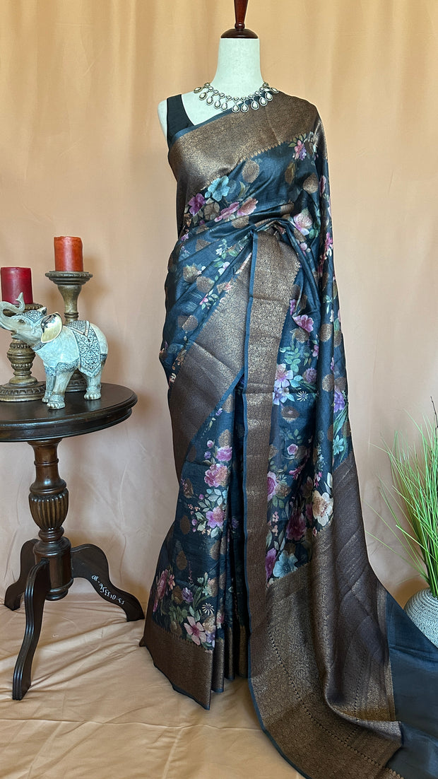 Floral printed pure tussar banarsi with stitched blouse