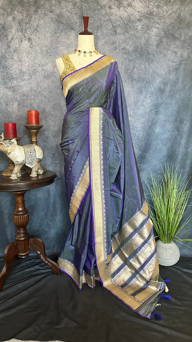 Handloom pure organza crepe silk saree with silver and gold weaved boder, with stitched blouse