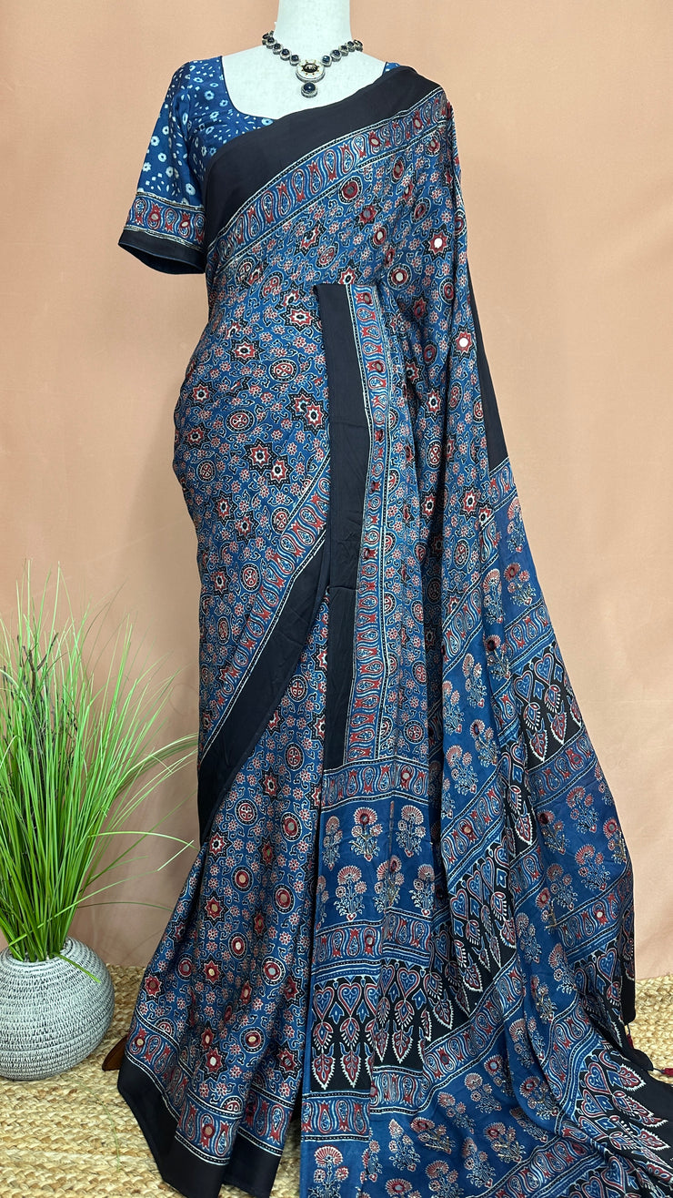 Ajrakh hand block printed Modal silk saree with bead and mirror wirk, with stitched blouse