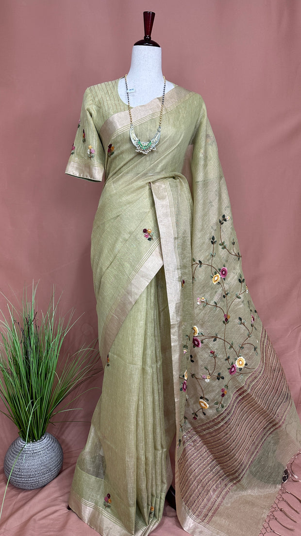 Grey Tissue Linen Saree with Hand Embroidery  and stitched blouse