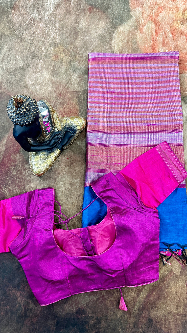 Ink Blue and Pink Combo Pure Raw Silk Saree with Stitched Blouse