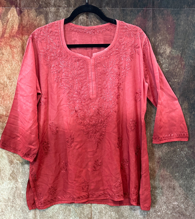 Brick red ombre chikankari short kurti