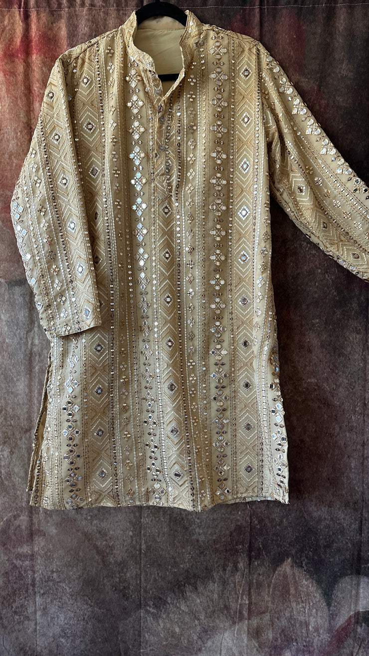 Beige color mirror work kurta