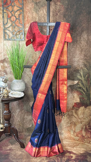 Navy blue and brick red combo pure raw silk saree with stitched blouse