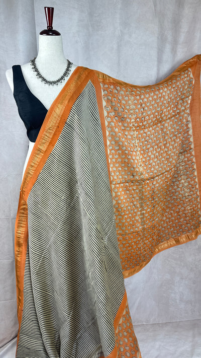 Handblock printed Maheswari cotton silk saree