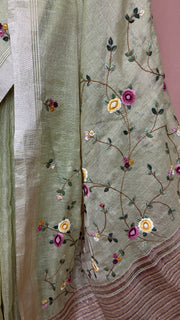 Grey Tissue Linen Saree with Hand Embroidery  and stitched blouse