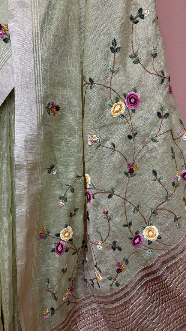 Grey Tissue Linen Saree with Hand Embroidery  and stitched blouse