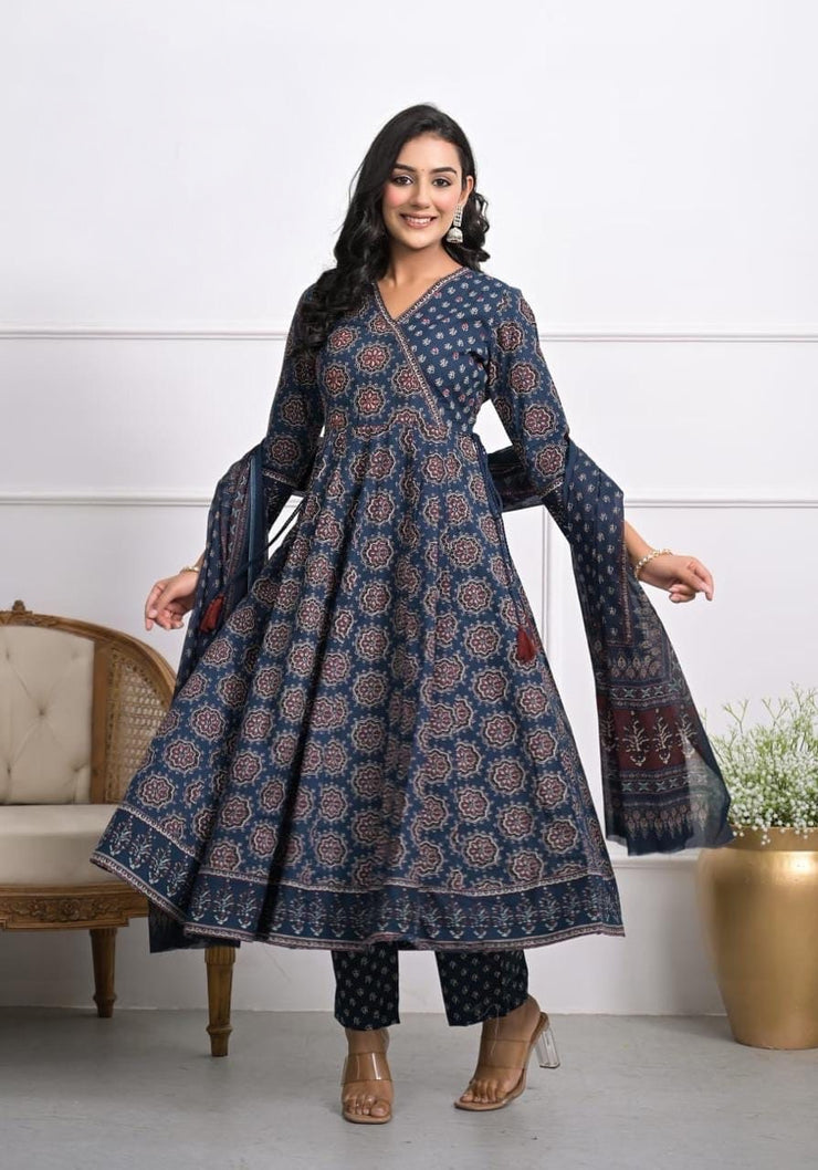 Indigo blue anarkali kurti with bottom and dupatta