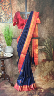 Navy blue and brick red combo pure raw silk saree with stitched blouse